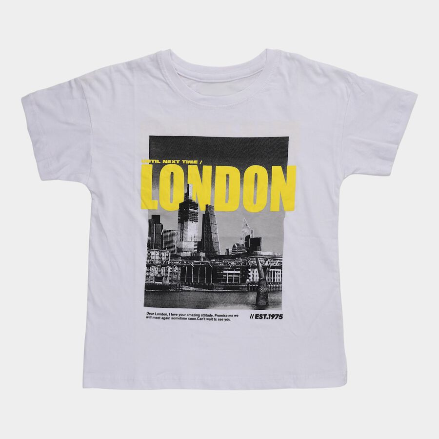 Girls' White Cotton Round Neck Casual T-Shirt, सफ़ेद, large