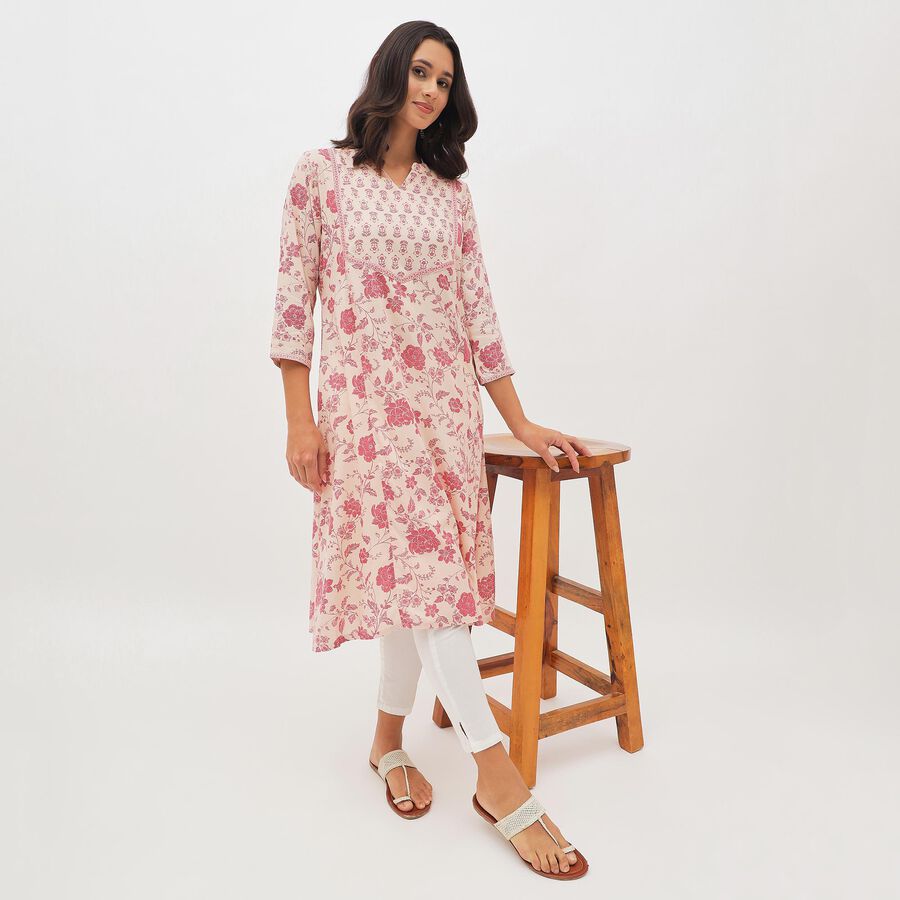 Women's Soft Pink Notch Neck Floral Printed Kurta, Pink, large image number null