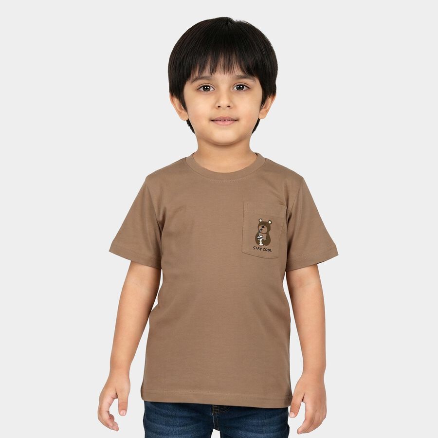 Boys Brown Cotton Crew Neck Regular Boys T-Shirt, Brown, large