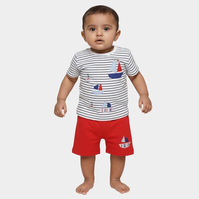 Infants' Red Cotton Round Neck Nautical Baba Suit