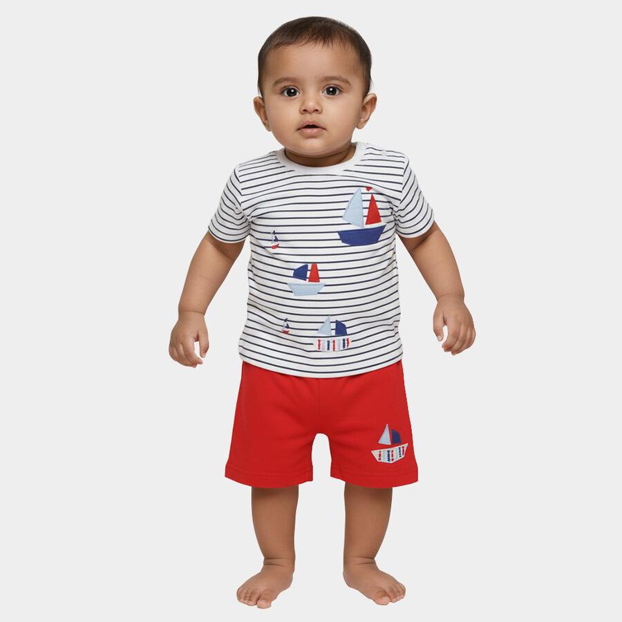 Infants' Red Cotton Round Neck Nautical Baba Suit, Red, large