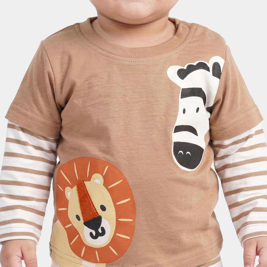 Infants' Beige 100% Cotton Round Neck Baba Suit, Beige, large