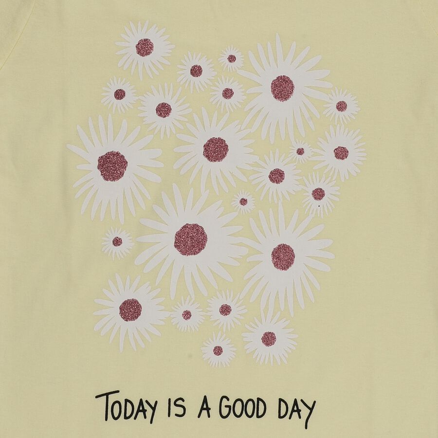 Girls' Yellow Cotton Round Neck Casual T-Shirt, पीला, large