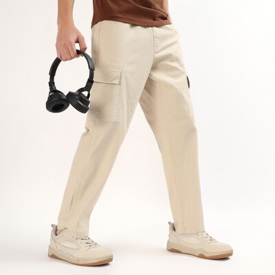 Men's Light Beige Slim Fit Cargo Trousers