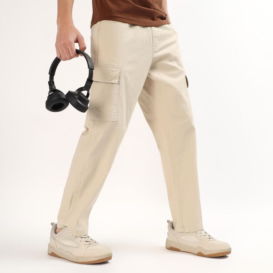 Men's Light Beige Slim Fit Cargo Trousers, Off White, large