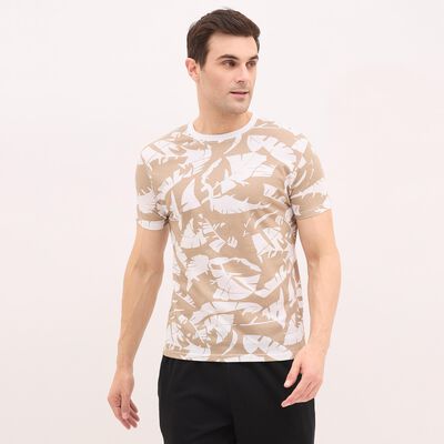 Men's Muted Beige Cotton Round Neck Floral Print T-Shirt