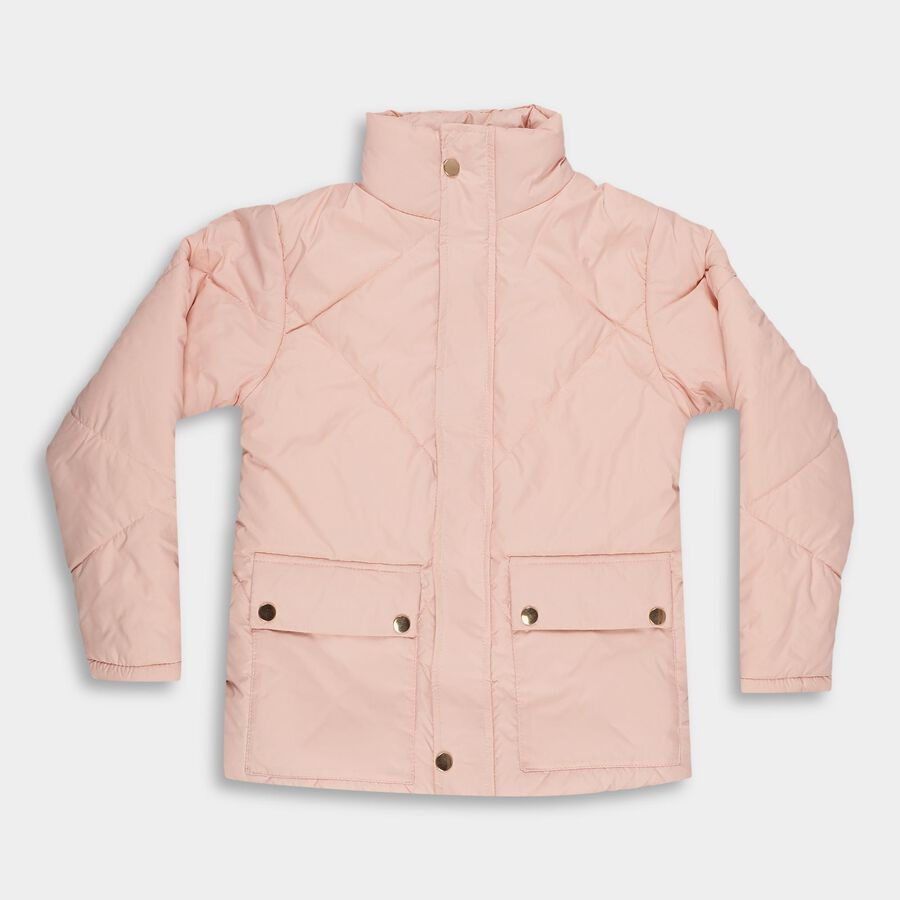 Girls' Light Pink High Neck Quilted Jacket, Light Pink, large image number null