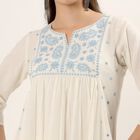 Women's White 100% Cotton Notch Neck Printed Kurta, Off White, small