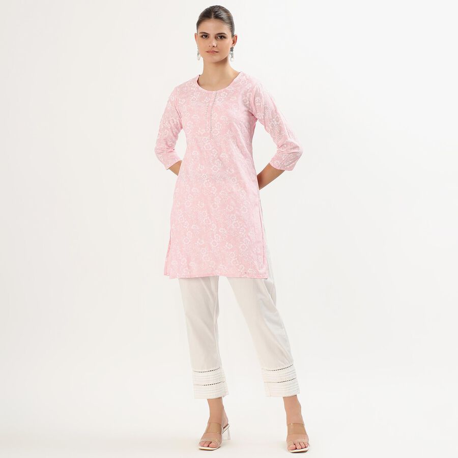 Women's Soft Pastel Pink Round Neck Floral Printed Kurta, गुलाबी, large image number null