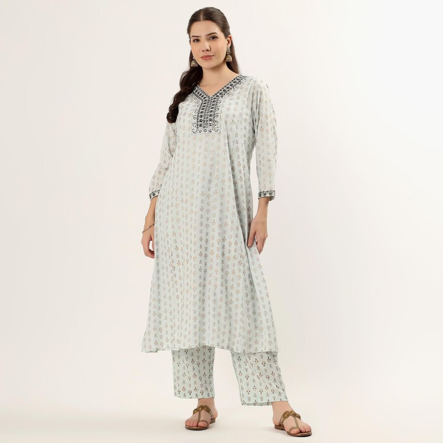 Women's Light Blue Floral Printed Ethnic Set, हल्का नीला, large