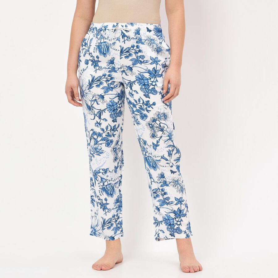 Women's White Relaxed Fit Floral Printed Pyjama, सफ़ेद, large