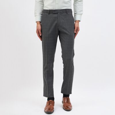 Men's Charcoal Grey Slim Fit Checkered Formal Trousers