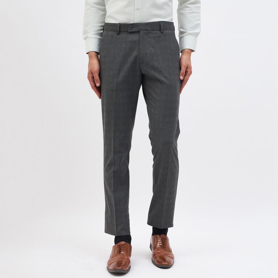 Men's Charcoal Grey Slim Fit Checkered Formal Trousers, Dark Grey, large image number null