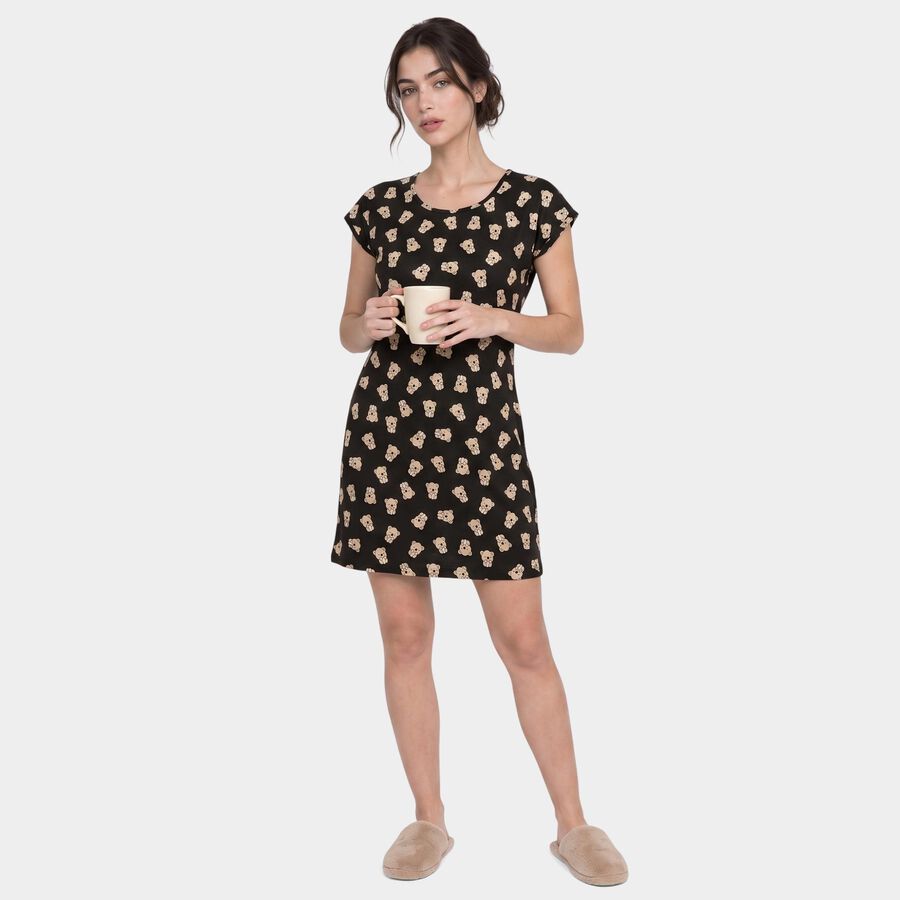 Women Black Round Neck T-Shirt Style Nighty, काला, large