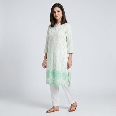 Women's Mint Green Mandarin Collar Printed Straight Kurta