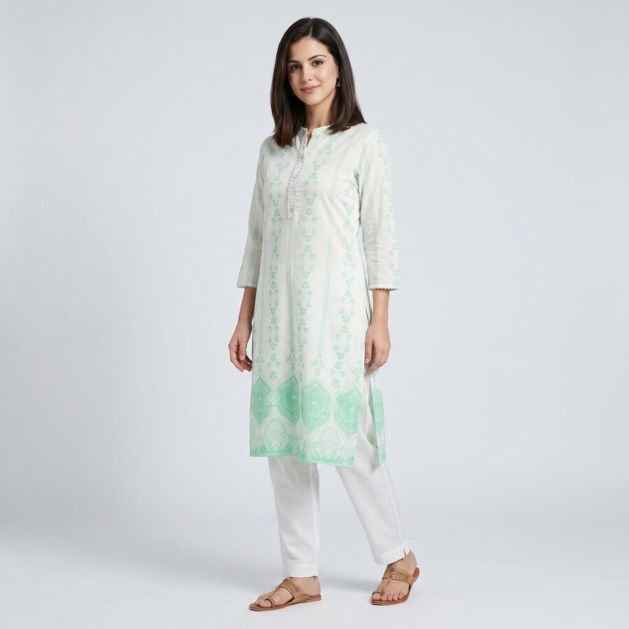 Women's Mint Green Mandarin Collar Printed Straight Kurta, Light Green, large