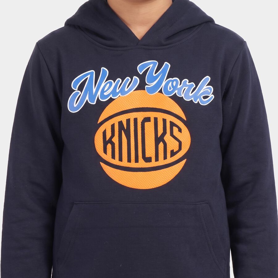 Boys' Navy Blue Hoodie Neck Graphic Sweatshirt, नेवी ब्लू, large