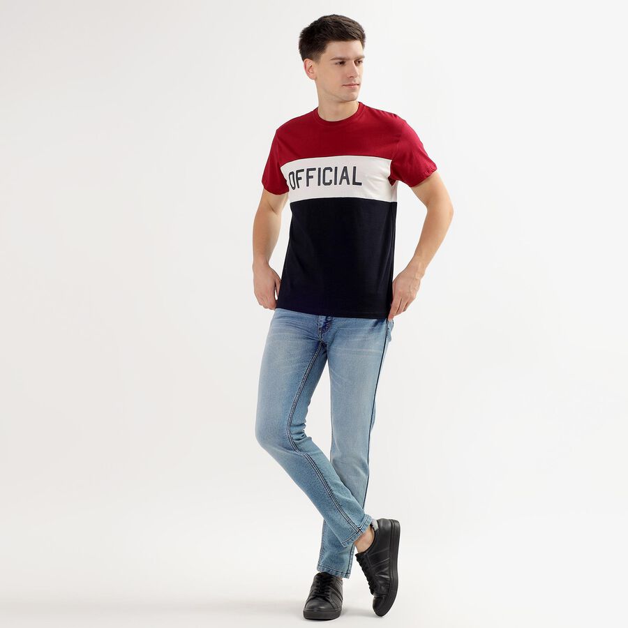 Men's Deep Burgundy Cotton Round Neck Colorblock T-Shirt, Maroon, large image number null