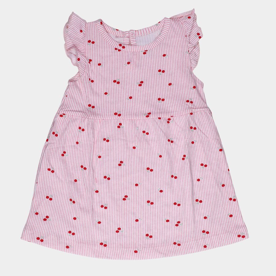 Infants' Pink and White Regular Fit Cherry Printed Striped Frock, Pink, large