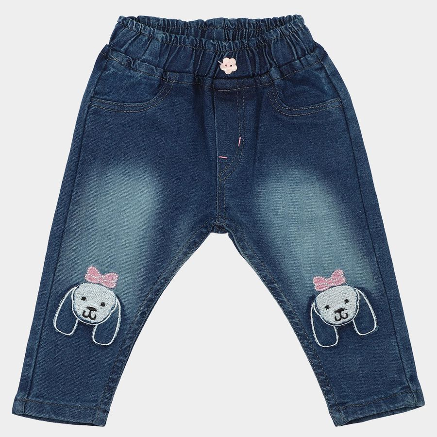 Infants Blue Straight Fit Embroidered Jeans, मध्यम नीला, large