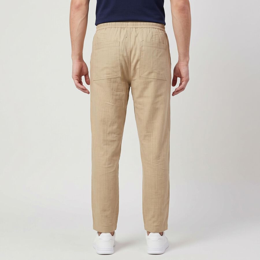 Men's Beige Slim Fit Drawstring Casual Trousers, खाकी, large