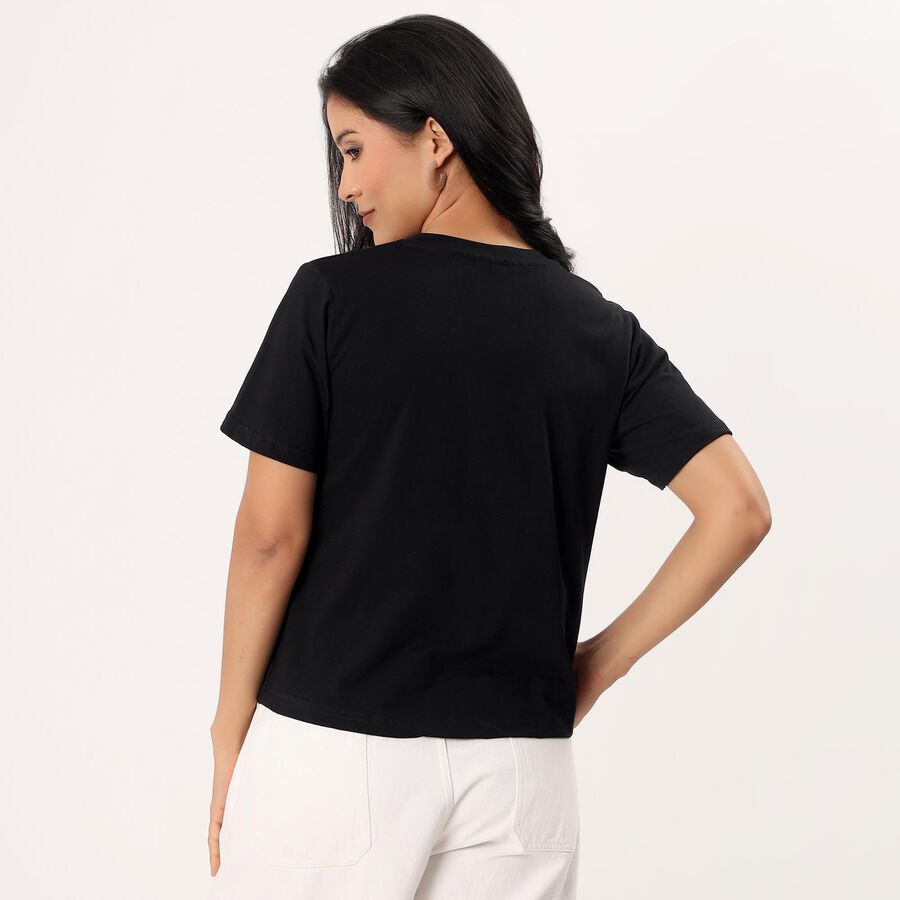 Women's Black Cotton Round Neck Minimalist T-Shirt, Black, large
