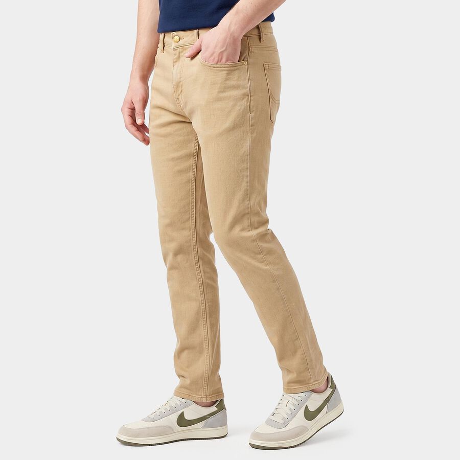 Men's Beige Slim Fit Solid Jeans, गहरा पीला, large