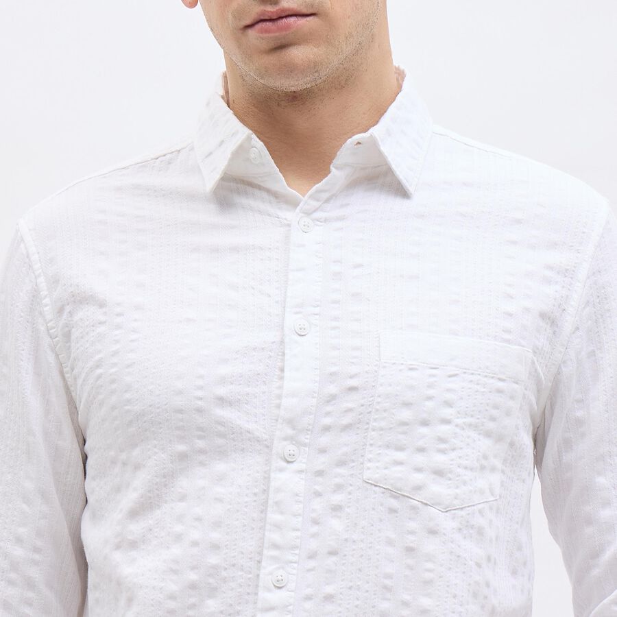 Men's White Cotton Full Sleeve Classic Collar Textured Shirt, White, large