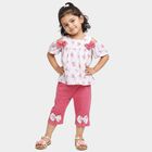 Girls' Pink Round Neck Cold Shoulder Floral Top and Capri Set, Light Pink, small