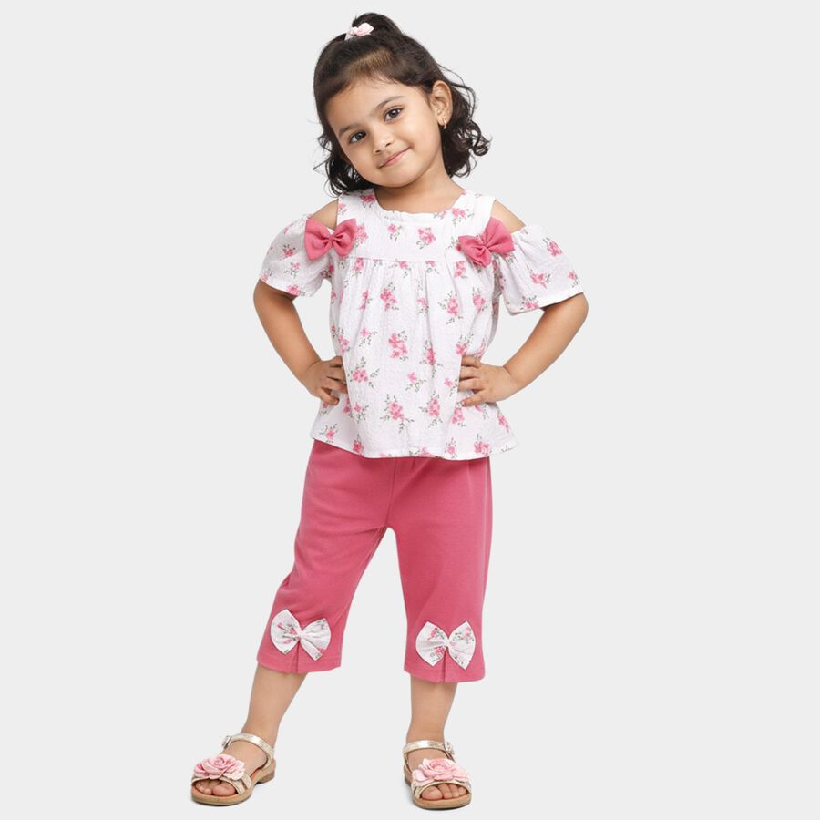 Girls' Pink Round Neck Cold Shoulder Floral Top and Capri Set, Light Pink, large