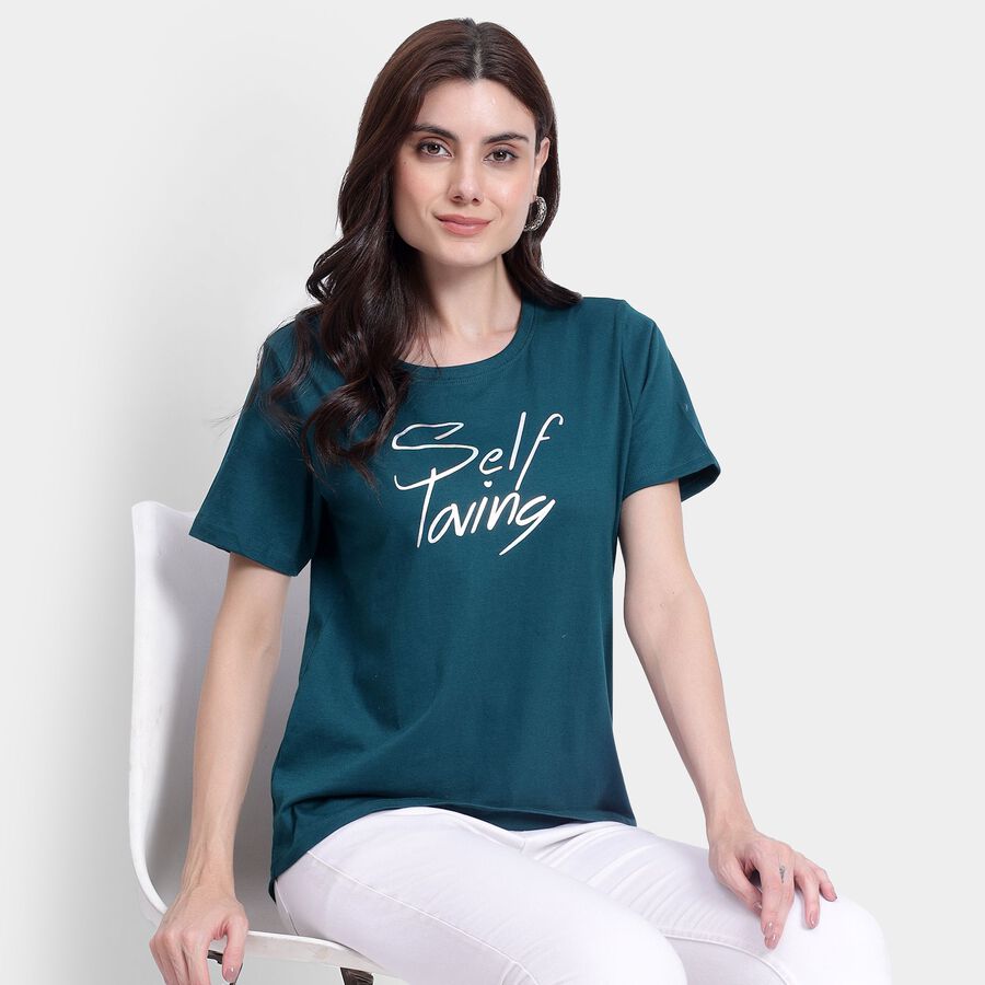 Ladies' 100% Cotton Round Neck T-Shirt, गहरा हरा, large image number null