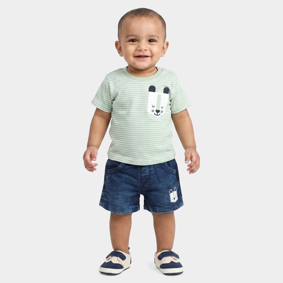 Infants' Mint Green 100% Cotton Round Neck Striped Baba Suit, Light Green, large