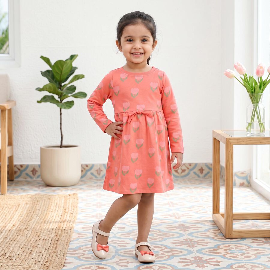 Girls' Coral Floral Printed Fit and Flare Frock, Coral, large