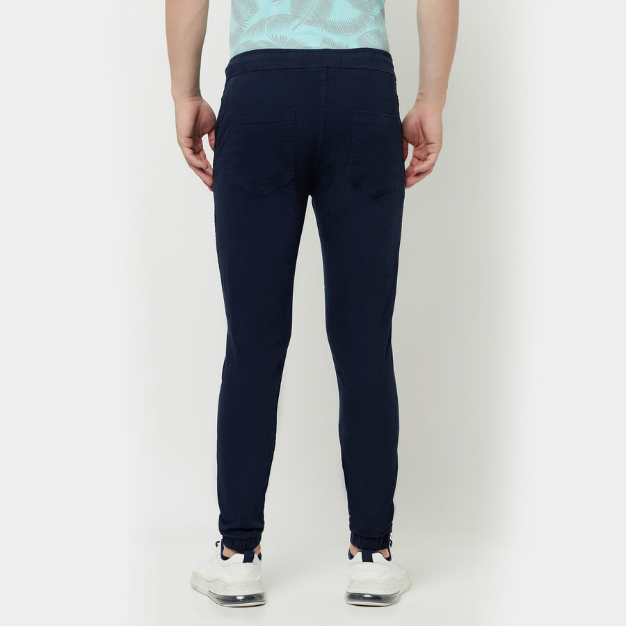 Solid Jogger Slim Fit Casual Trousers, Navy Blue, large image number null