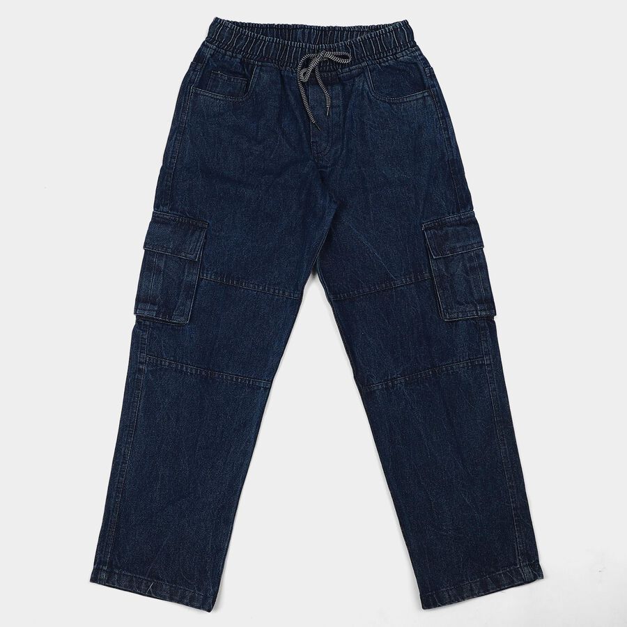 Boys' Navy Blue Straight Fit Cargo Jeans, मध्यम नीला, large