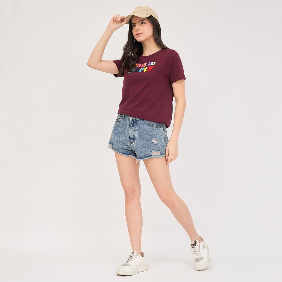 Women's Deep Maroon Cotton Round Neck T-Shirt, Wine, large image number null