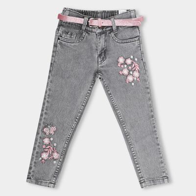 Girls' Stonewashed Grey Regular Fit Embellished Jeans