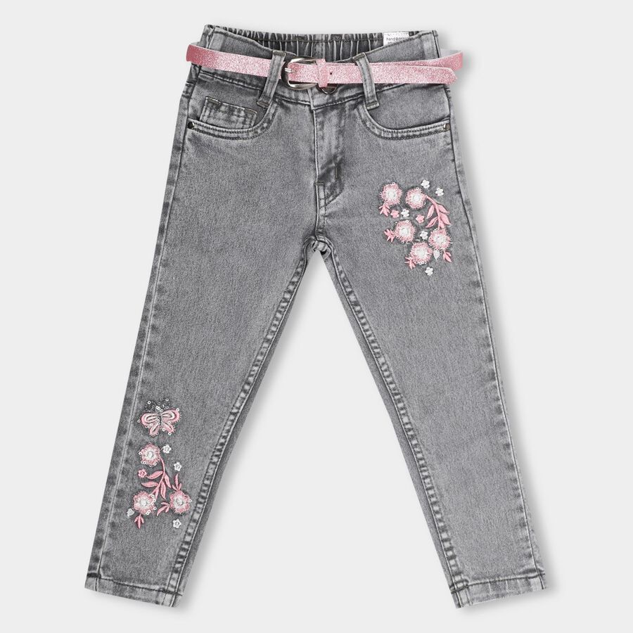Girls' Stonewashed Grey Regular Fit Embellished Jeans, Light Grey, large image number null