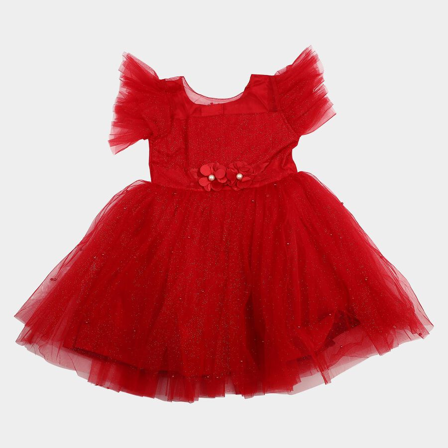 Girls' Fuchsia Fit and Flare Glitter Net Party Wear Frock, रानी (फ्यूशिया), large