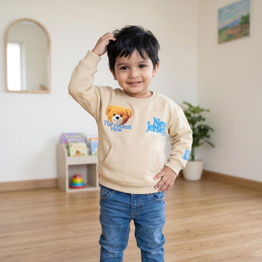 Boys' Beige Round Neck Graphic Pullover Sweatshirt, गहरा पीला, large
