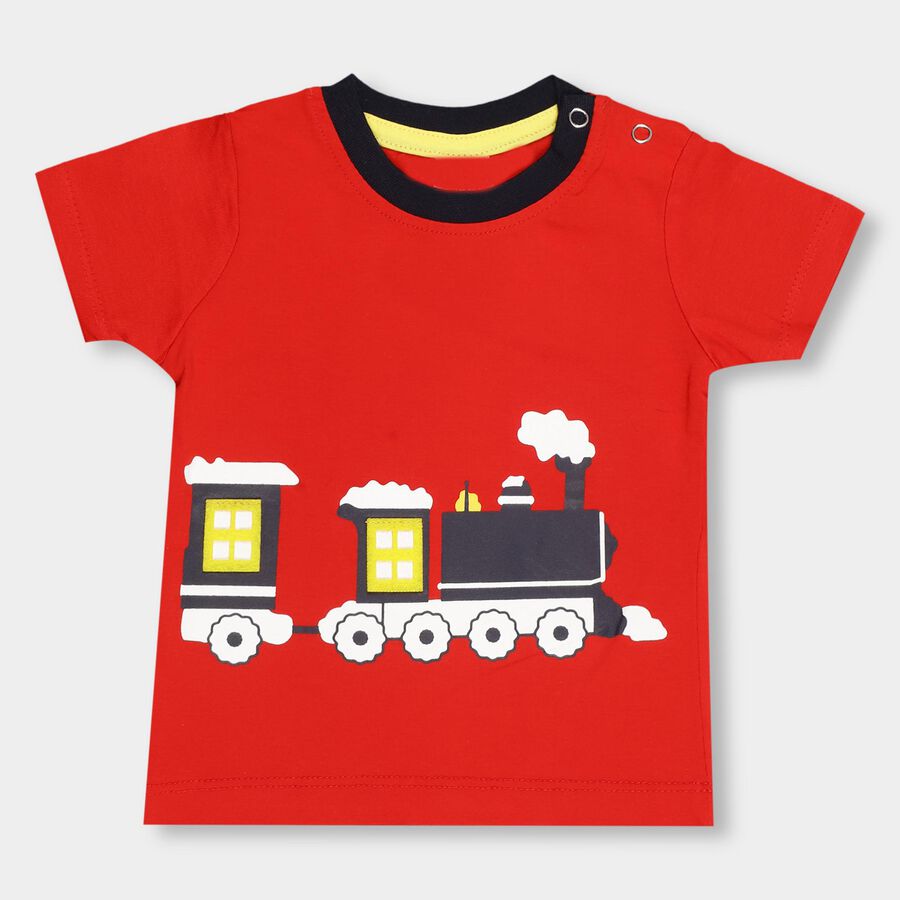 Infants' Bright Cherry Red Cotton Round Neck Casual T-Shirt, Red, large image number null