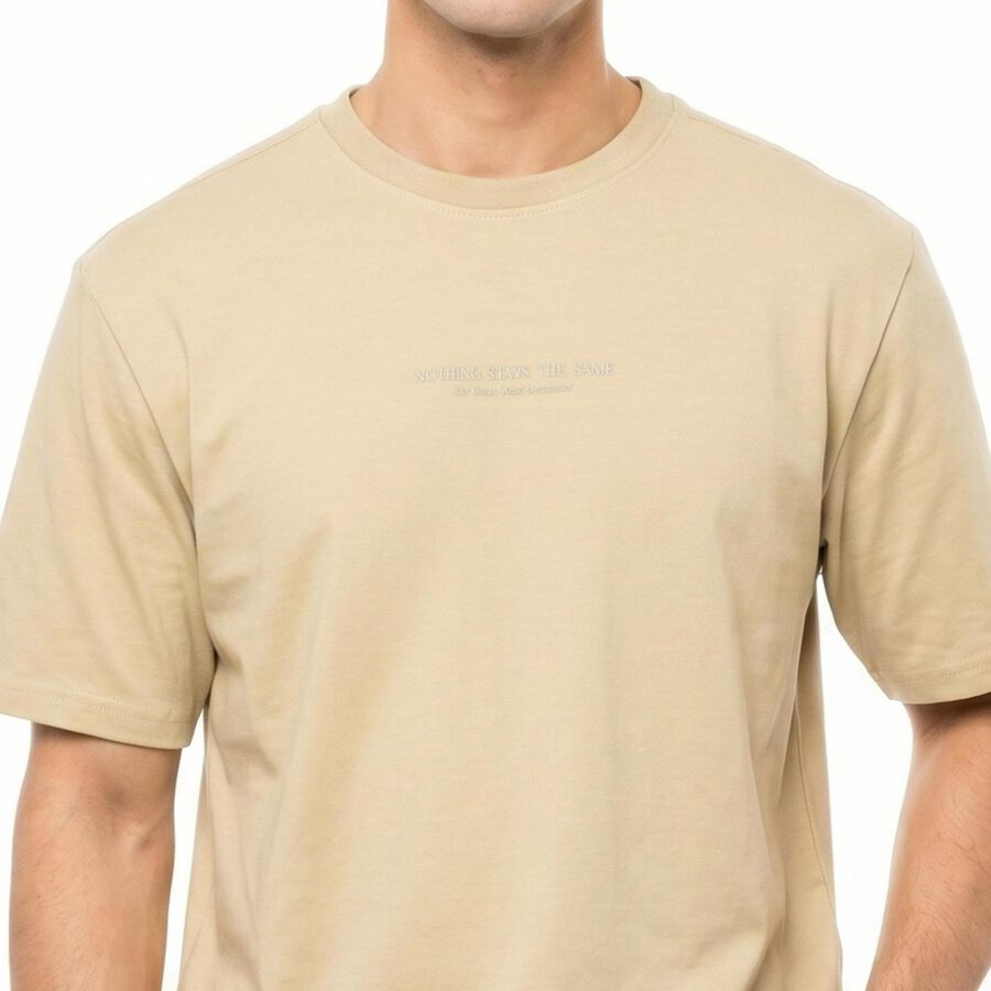 Men's Beige Round Neck Graphic Print Regular T-Shirt, Beige, large