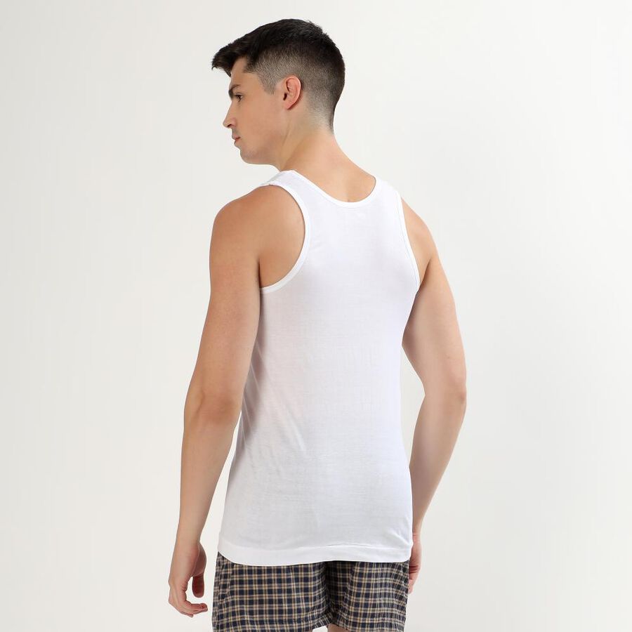 Men's Bright White Cotton Round Neck Sleeveless Vest, सफ़ेद, large image number null