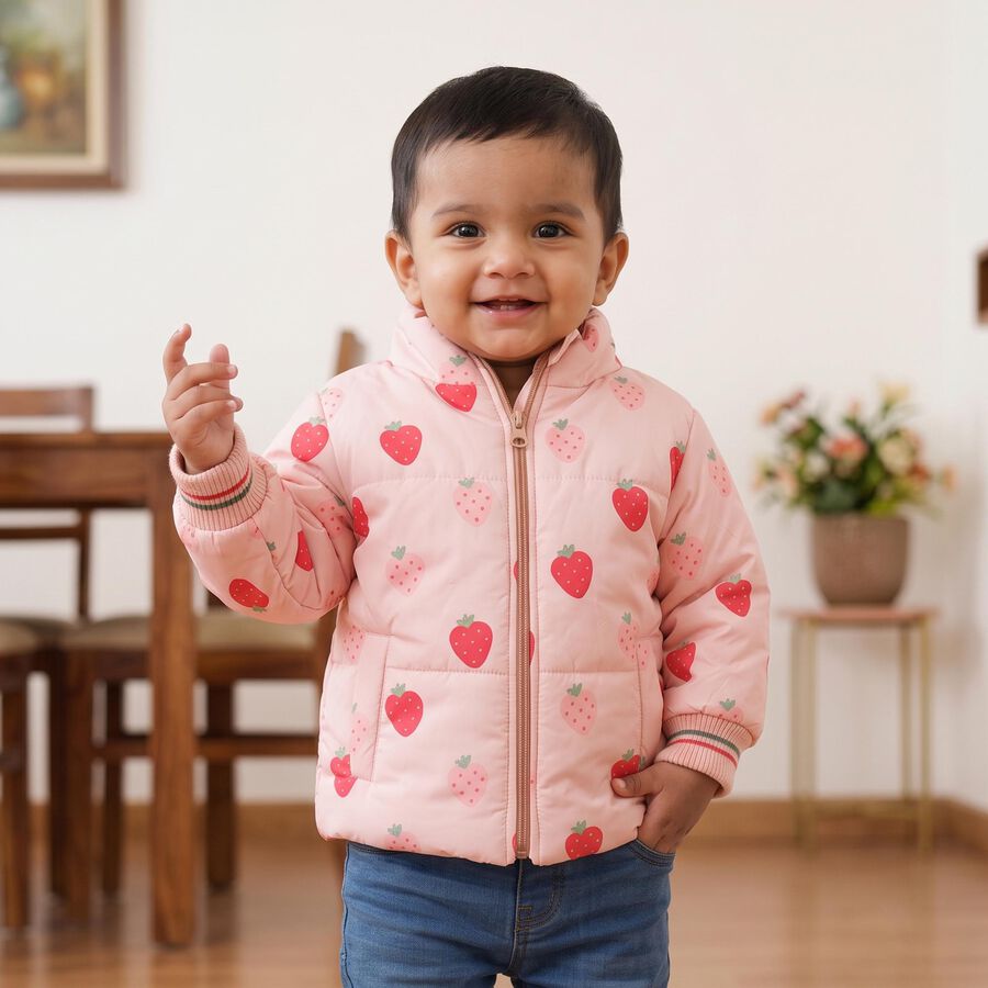 Infants' Pink Stand Collar Puffer Jacket, हल्का गुलाबी, large