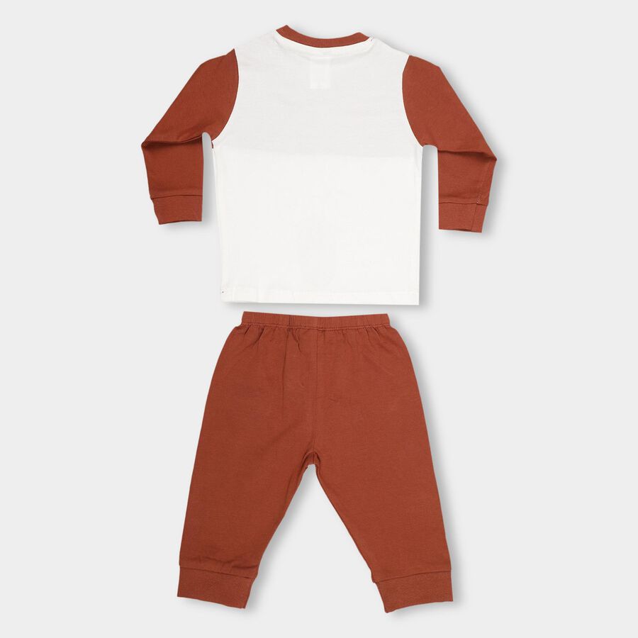 Infants' Brown Round Neck Cartoon Printed Baba Suit, भूरा, large image number null