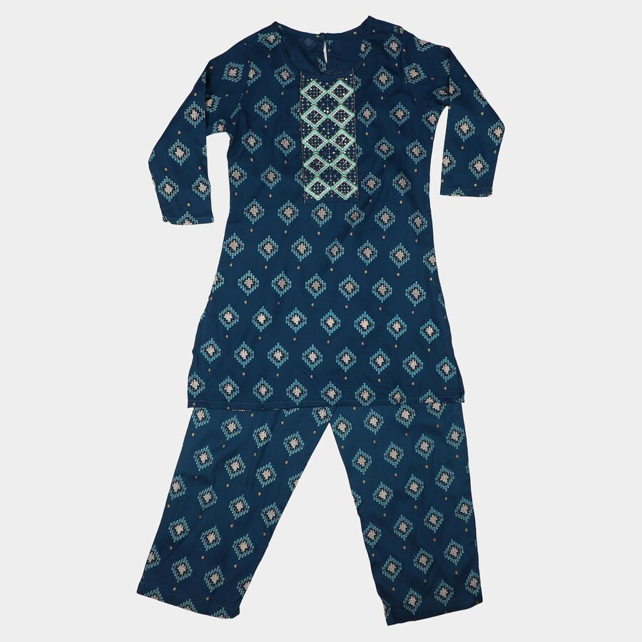 Girls Navy Blue Round Neck Fusion Set Upper and Bottom Set, नेवी ब्लू, large