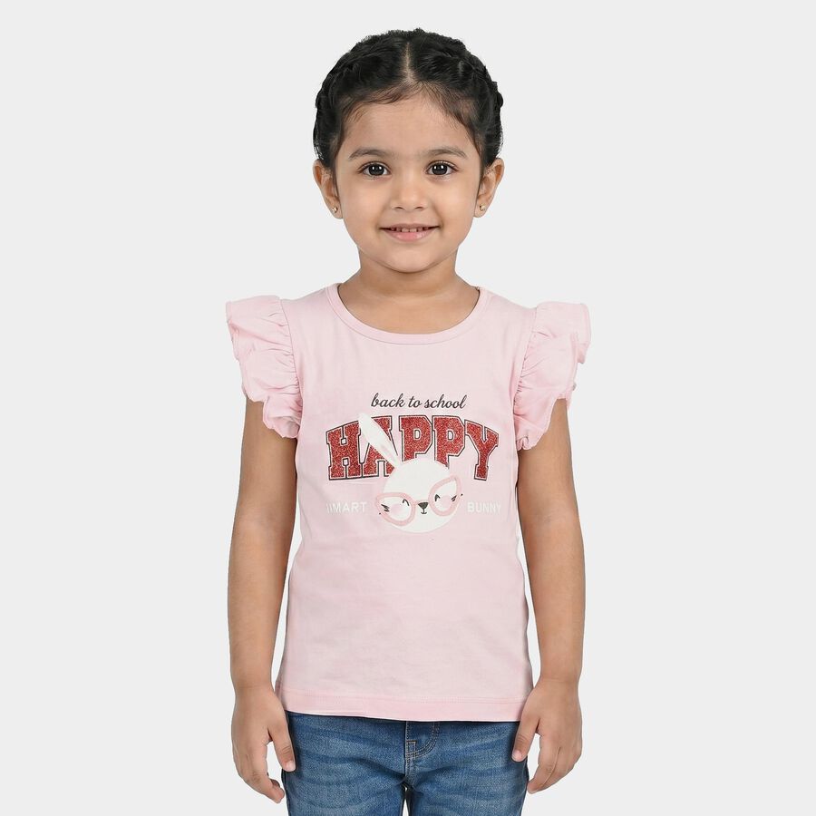 Girls Pink Cotton Round Neck Regular T-Shirt, Light Pink, large