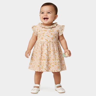 Infants' Off White Regular Fit Floral Printed Ruffle Collar Frock