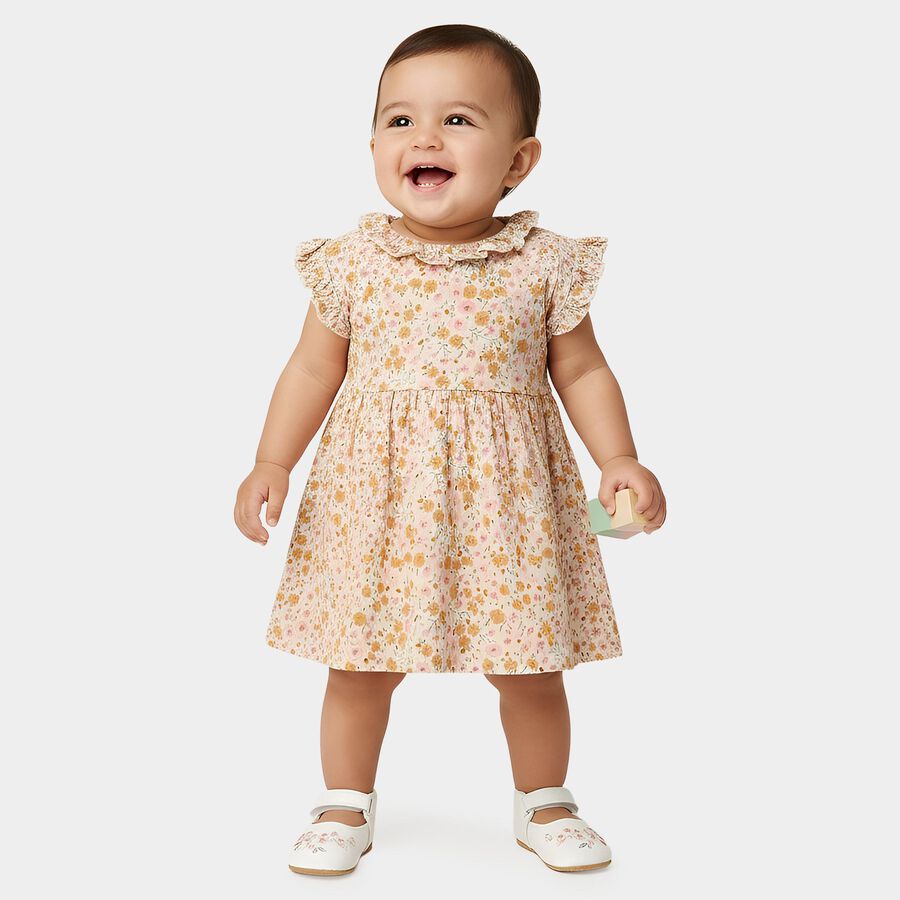 Infants' Off White Regular Fit Floral Printed Ruffle Collar Frock, Off White, large