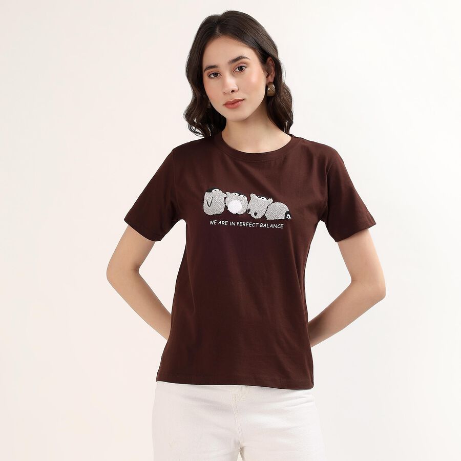 Women's Brown Round Neck Casual T-Shirt, Brown, large